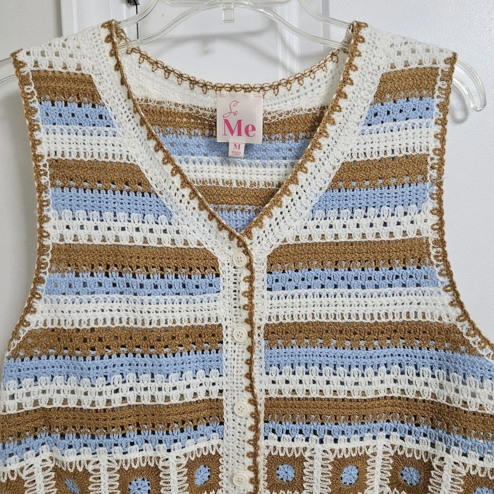 Bohemian So Me‎ Crochet Sweater Vest Womens Med Blue Brown Striped Granny Square